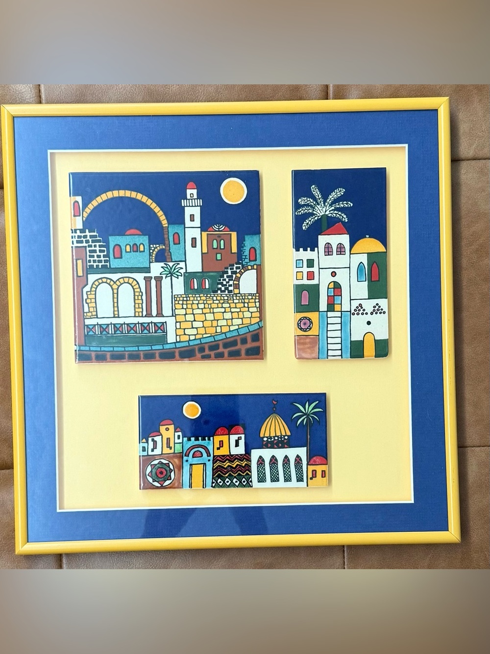 Antique Hand-Painted Mediterranean Tile Wall Art - Blue & Yellow